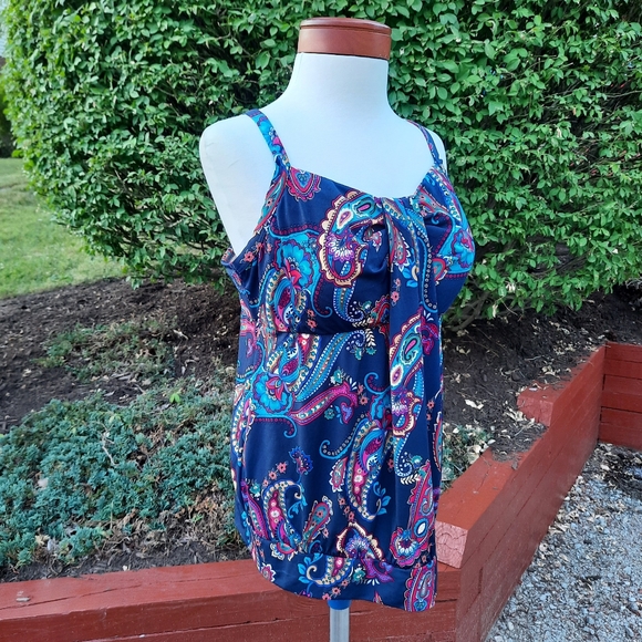 Lands' End Swim Paisley Slimming Blouson Padded Bra Tankini Top 16W Navy Multi - Picture 5 of 14
